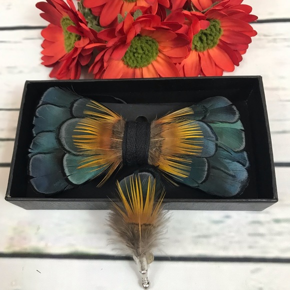 Handmade Blue and Golden Feather Bow Tie Boutonnière Lapel Pin Set - Picture 2 of 11